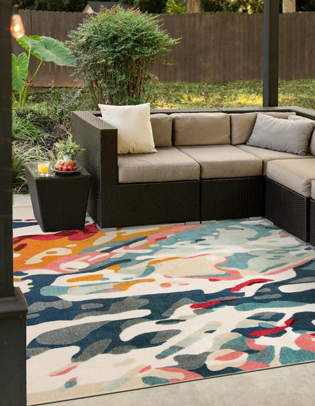 Multicolor 7' 10 x 7' 10 Outdoor Casablanca Square Area Rug Weather Resistant for Patio, Deck, Terrace, Balcony, Porch Polypropylene Vivid Colorful Modern Carpet for Sale at Rug Engine