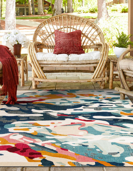 Multicolor 10' x 10' Outdoor Casablanca Square Area Rug Weather Resistant for Patio, Deck, Terrace, Balcony, Porch Polypropylene Vivid Colorful Modern Carpet for Sale at Rug Engine