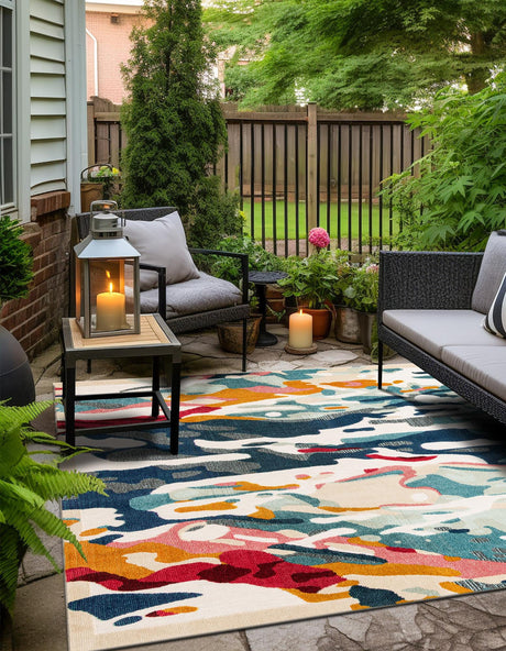 Multicolor 7' 10 x 7' 10 Outdoor Casablanca Square Area Rug Weather Resistant for Patio, Deck, Terrace, Balcony, Porch Polypropylene Vivid Colorful Modern Carpet for Sale at Rug Engine