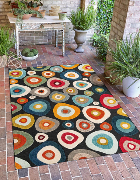 Multicolor Black 5' 1 x 7' 1 Outdoor Casablanca Rectangle Area Rug Weather Resistant for Patio, Deck, Terrace, Balcony, Porch Polypropylene Vivid Colorful Modern Carpet for Sale at Rug Engine