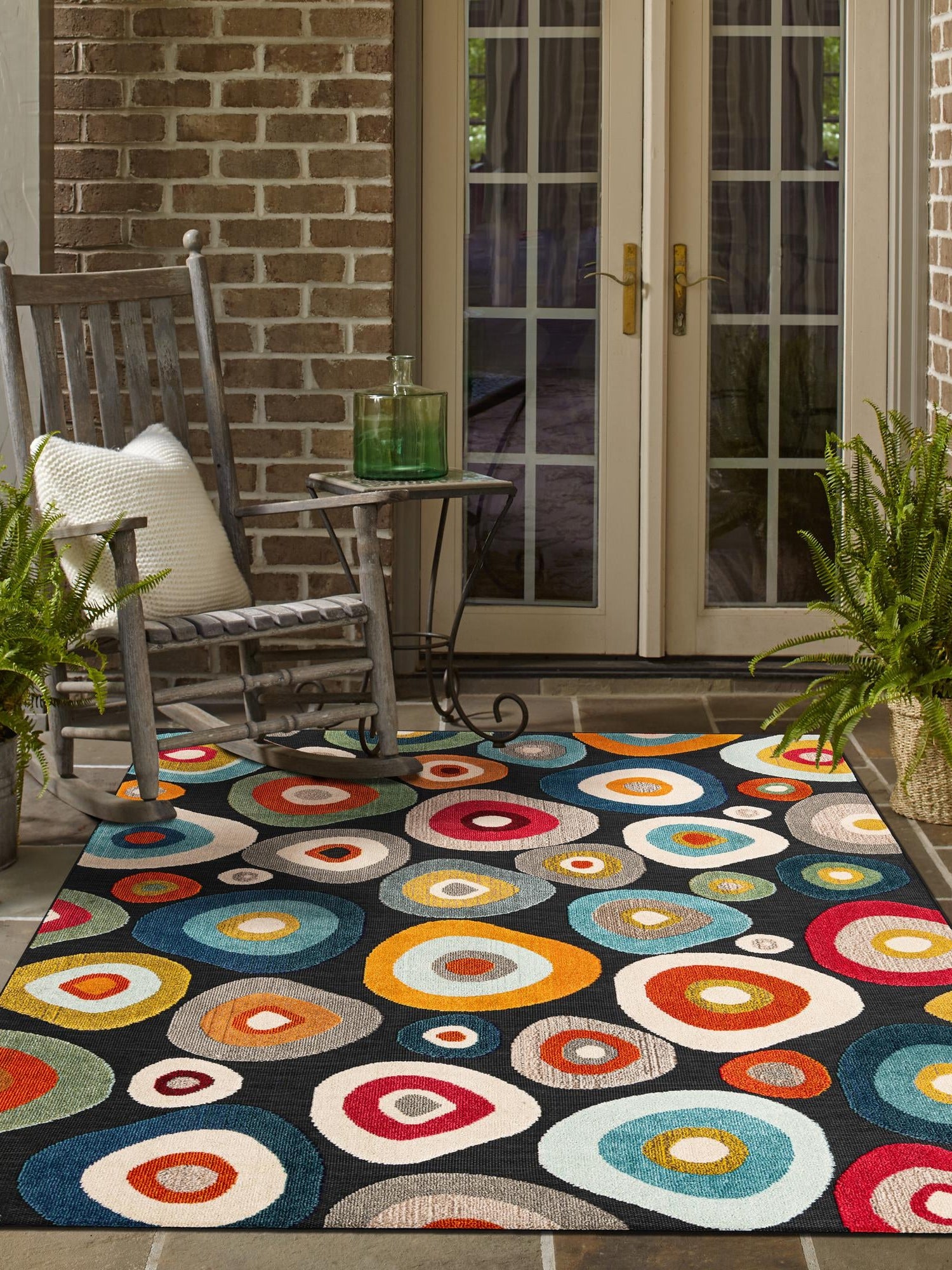 Multicolor Black 7' 10 x 10' Outdoor Casablanca Rectangle Area Rug Weather Resistant for Patio, Deck, Terrace, Balcony, Porch Polypropylene Vivid Colorful Modern Carpet for Sale at Rug Engine