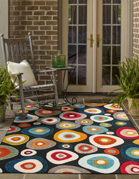 Multicolor Black 6' 1 x 9' Outdoor Casablanca Rectangle Area Rug Weather Resistant for Patio, Deck, Terrace, Balcony, Porch Polypropylene Vivid Colorful Modern Carpet for Sale at Rug Engine