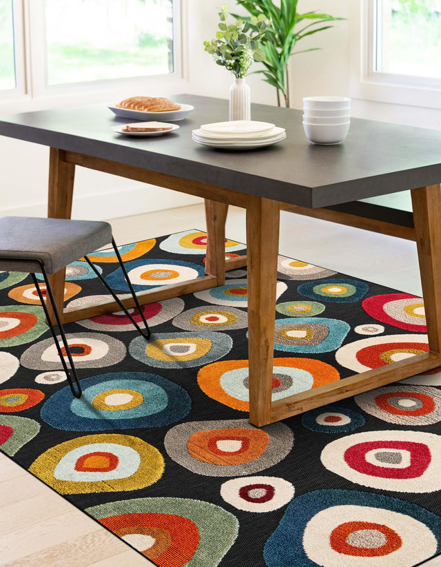 Multicolor Black 4' 1 x 6' 1 Outdoor Casablanca Rectangle Area Rug Weather Resistant for Patio, Deck, Terrace, Balcony, Porch Polypropylene Vivid Colorful Modern Carpet for Sale at Rug Engine