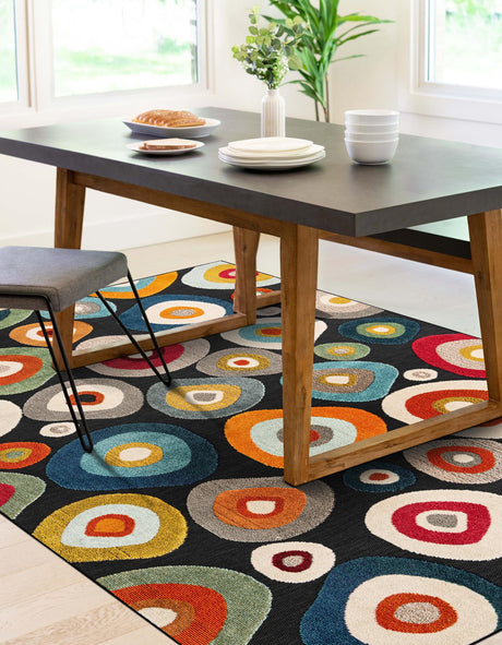 Multicolor Black 6' 1 x 9' Outdoor Casablanca Rectangle Area Rug Weather Resistant for Patio, Deck, Terrace, Balcony, Porch Polypropylene Vivid Colorful Modern Carpet for Sale at Rug Engine