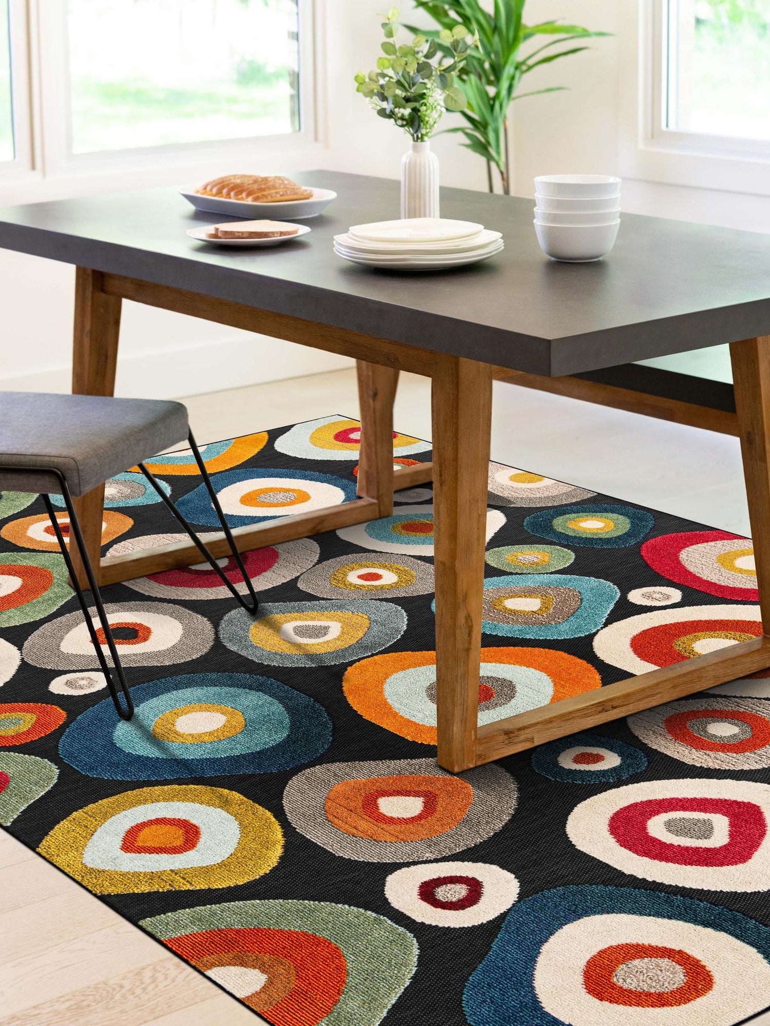 Multicolor Black 5' 1 x 7' 1 Outdoor Casablanca Rectangle Area Rug Weather Resistant for Patio, Deck, Terrace, Balcony, Porch Polypropylene Vivid Colorful Modern Carpet for Sale at Rug Engine