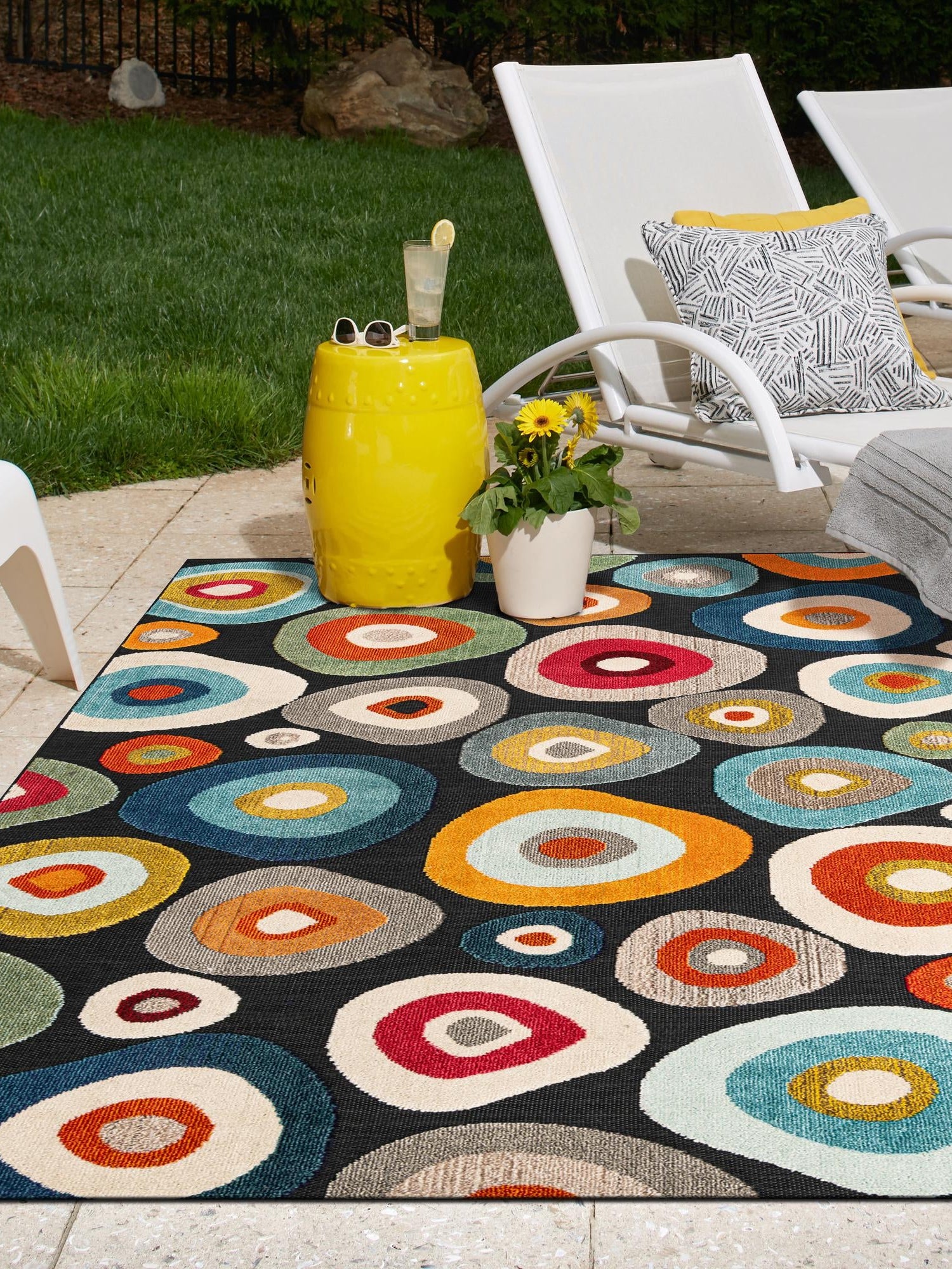 Multicolor Black 6' 1 x 9' Outdoor Casablanca Rectangle Area Rug Weather Resistant for Patio, Deck, Terrace, Balcony, Porch Polypropylene Vivid Colorful Modern Carpet for Sale at Rug Engine