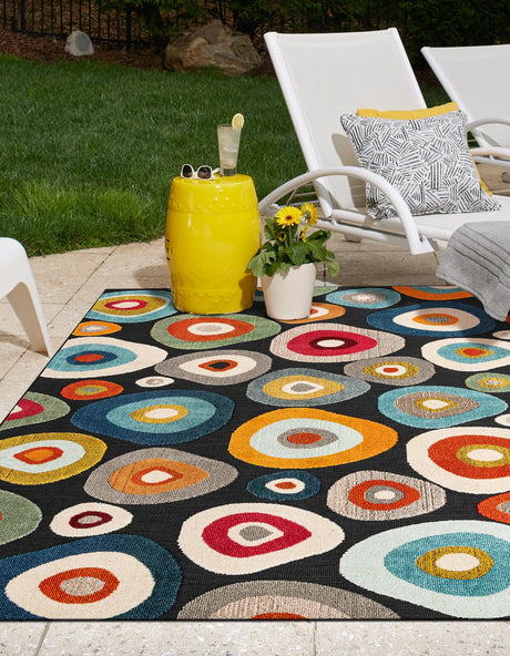 Multicolor Black 6' 1 x 9' Outdoor Casablanca Rectangle Area Rug Weather Resistant for Patio, Deck, Terrace, Balcony, Porch Polypropylene Vivid Colorful Modern Carpet for Sale at Rug Engine