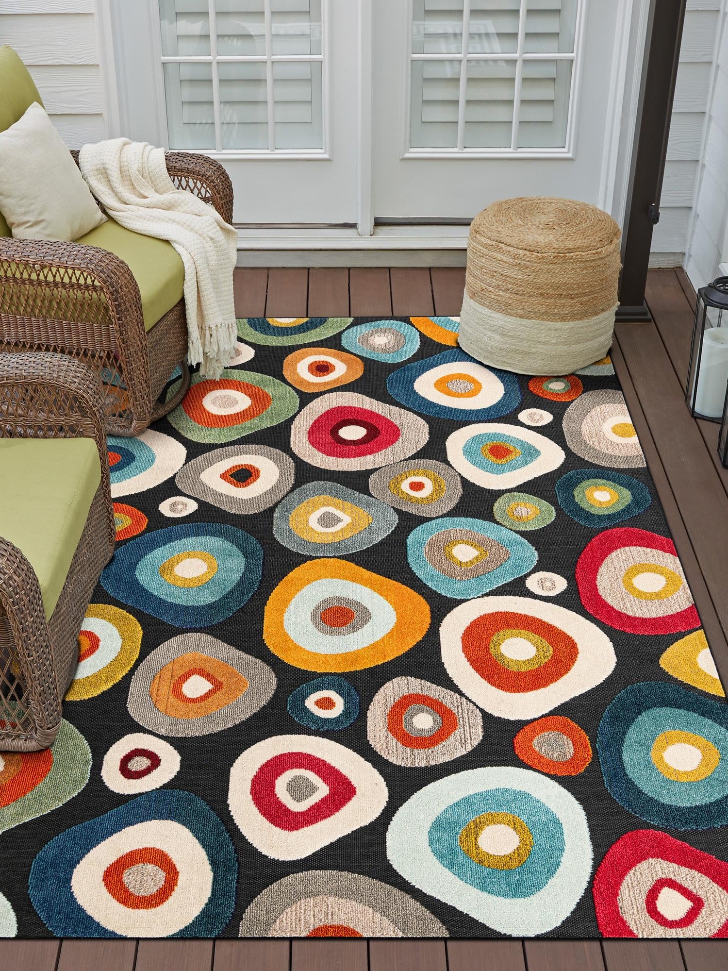 Multicolor Black 4' 1 x 6' 1 Outdoor Casablanca Rectangle Area Rug Weather Resistant for Patio, Deck, Terrace, Balcony, Porch Polypropylene Vivid Colorful Modern Carpet for Sale at Rug Engine