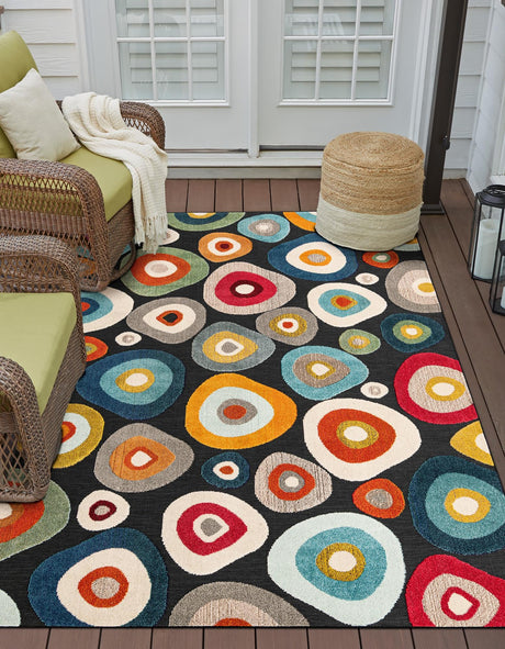 Multicolor Black 5' 1 x 7' 1 Outdoor Casablanca Rectangle Area Rug Weather Resistant for Patio, Deck, Terrace, Balcony, Porch Polypropylene Vivid Colorful Modern Carpet for Sale at Rug Engine