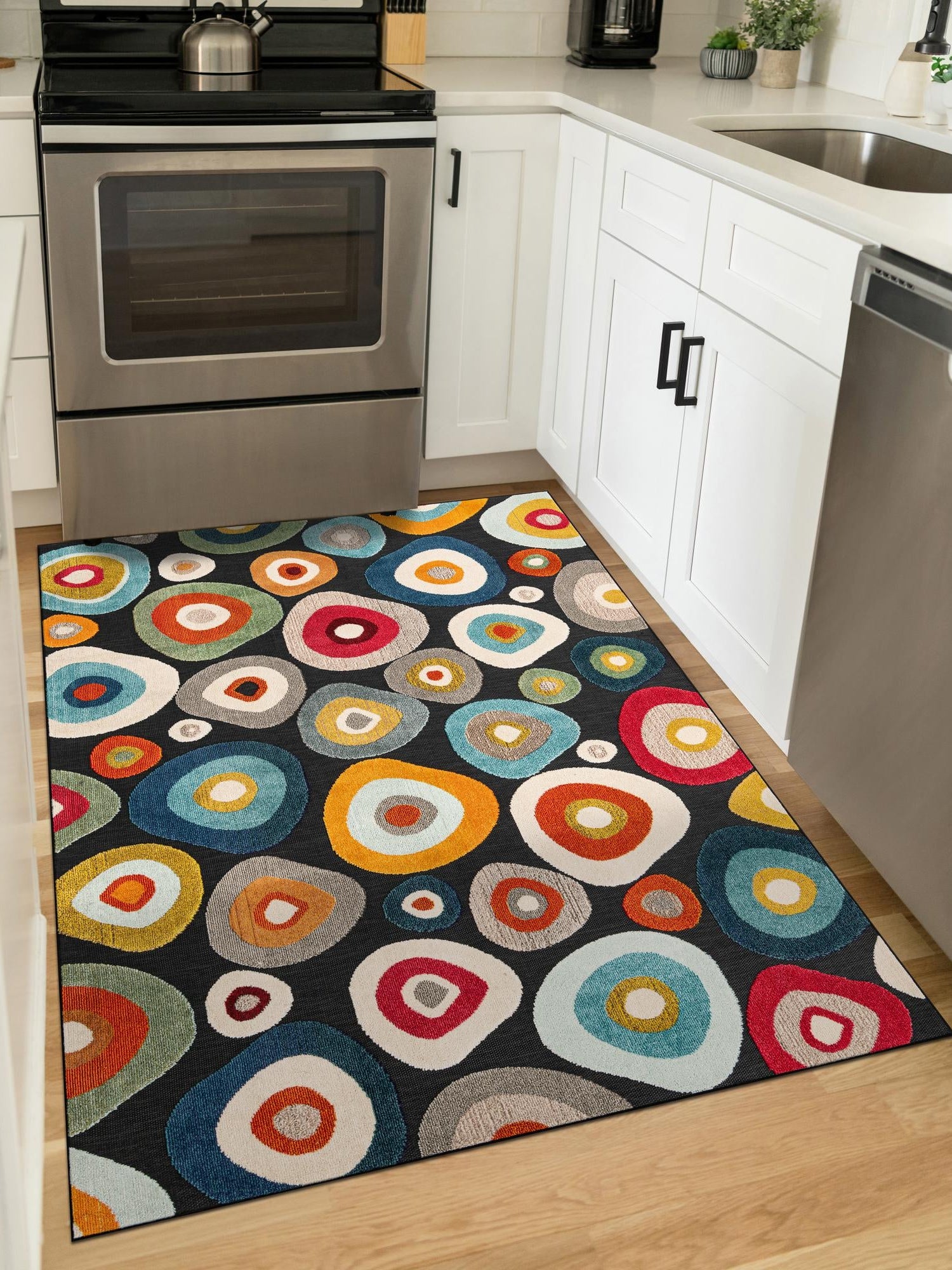 Multicolor Black 5' 1 x 7' 1 Outdoor Casablanca Rectangle Area Rug Weather Resistant for Patio, Deck, Terrace, Balcony, Porch Polypropylene Vivid Colorful Modern Carpet for Sale at Rug Engine