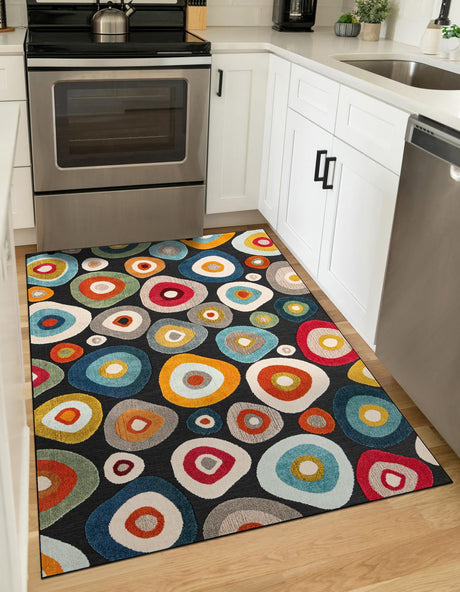 Multicolor Black 6' 1 x 9' Outdoor Casablanca Rectangle Area Rug Weather Resistant for Patio, Deck, Terrace, Balcony, Porch Polypropylene Vivid Colorful Modern Carpet for Sale at Rug Engine