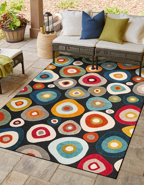 Multicolor Black 5' 1 x 7' 1 Outdoor Casablanca Rectangle Area Rug Weather Resistant for Patio, Deck, Terrace, Balcony, Porch Polypropylene Vivid Colorful Modern Carpet for Sale at Rug Engine
