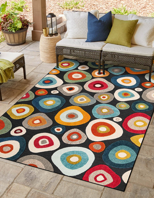 Multicolor Black 6' 1 x 9' Outdoor Casablanca Rectangle Area Rug Weather Resistant for Patio, Deck, Terrace, Balcony, Porch Polypropylene Vivid Colorful Modern Carpet for Sale at Rug Engine