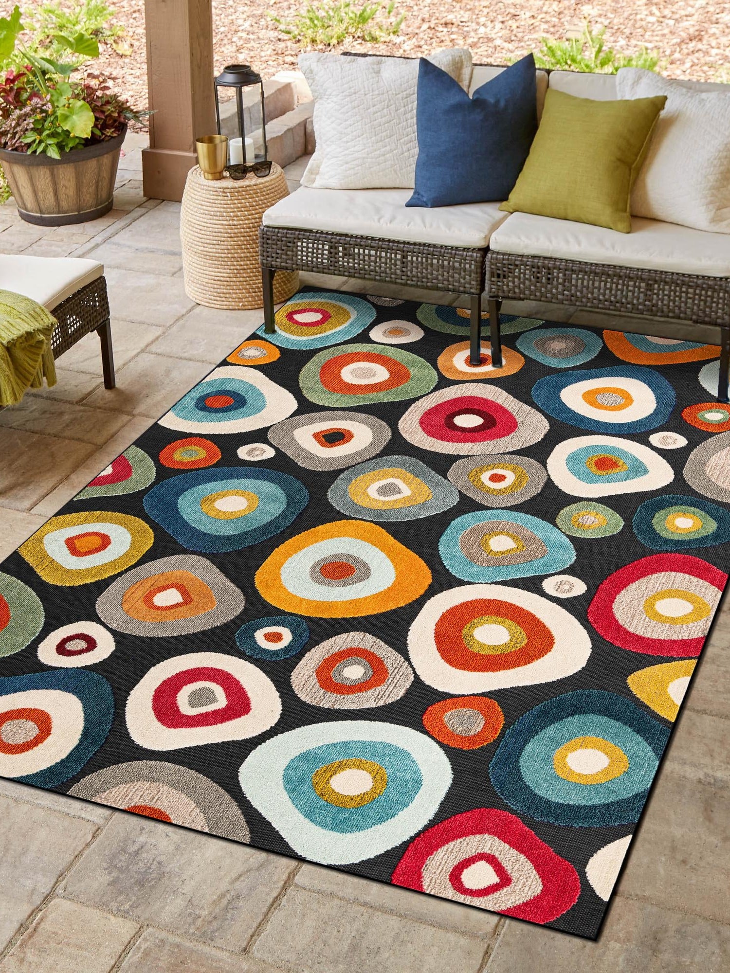 Multicolor Black 9' x 12' Outdoor Casablanca Rectangle Area Rug Weather Resistant for Patio, Deck, Terrace, Balcony, Porch Polypropylene Vivid Colorful Modern Carpet for Sale at Rug Engine
