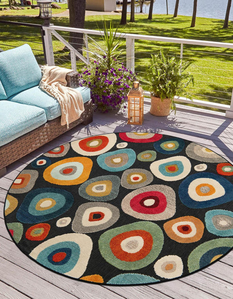 Multicolor Black 7' 10 x 7' 10 Outdoor Casablanca Round Area Rug Weather Resistant for Patio, Deck, Terrace, Balcony, Porch Polypropylene Vivid Colorful Modern Carpet for Sale at Rug Engine