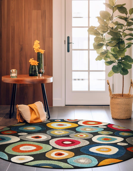 Multicolor Black 6' 1 x 6' 1 Outdoor Casablanca Round Area Rug Weather Resistant for Patio, Deck, Terrace, Balcony, Porch Polypropylene Vivid Colorful Modern Carpet for Sale at Rug Engine