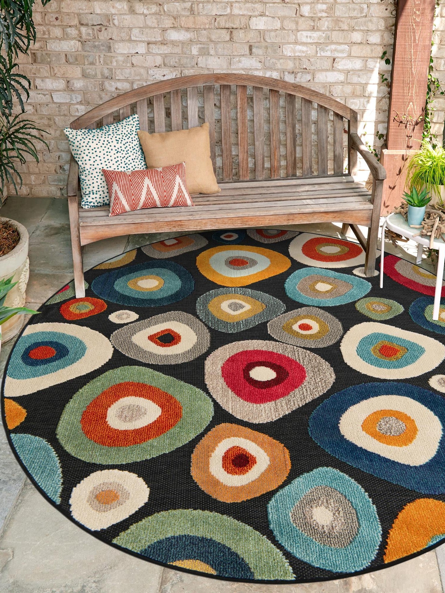 Multicolor Black 6' 1 x 6' 1 Outdoor Casablanca Round Area Rug Weather Resistant for Patio, Deck, Terrace, Balcony, Porch Polypropylene Vivid Colorful Modern Carpet for Sale at Rug Engine
