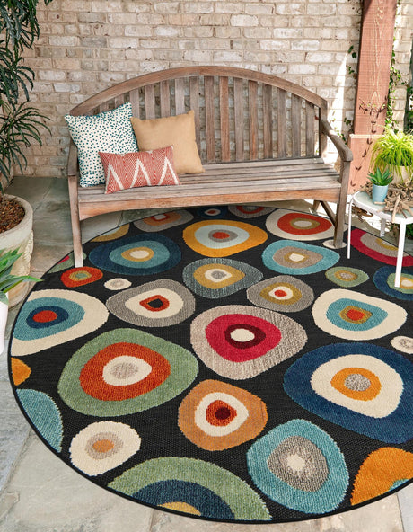 Multicolor Black 6' 1 x 6' 1 Outdoor Casablanca Round Area Rug Weather Resistant for Patio, Deck, Terrace, Balcony, Porch Polypropylene Vivid Colorful Modern Carpet for Sale at Rug Engine