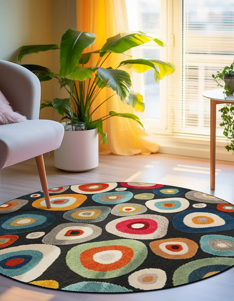 Multicolor Black 7' 10 x 7' 10 Outdoor Casablanca Round Area Rug Weather Resistant for Patio, Deck, Terrace, Balcony, Porch Polypropylene Vivid Colorful Modern Carpet for Sale at Rug Engine