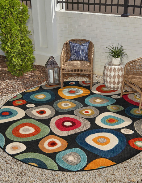 Multicolor Black 6' 1 x 6' 1 Outdoor Casablanca Round Area Rug Weather Resistant for Patio, Deck, Terrace, Balcony, Porch Polypropylene Vivid Colorful Modern Carpet for Sale at Rug Engine