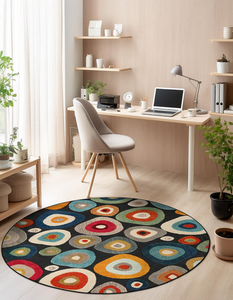 Multicolor Black 7' 10 x 7' 10 Outdoor Casablanca Round Area Rug Weather Resistant for Patio, Deck, Terrace, Balcony, Porch Polypropylene Vivid Colorful Modern Carpet for Sale at Rug Engine