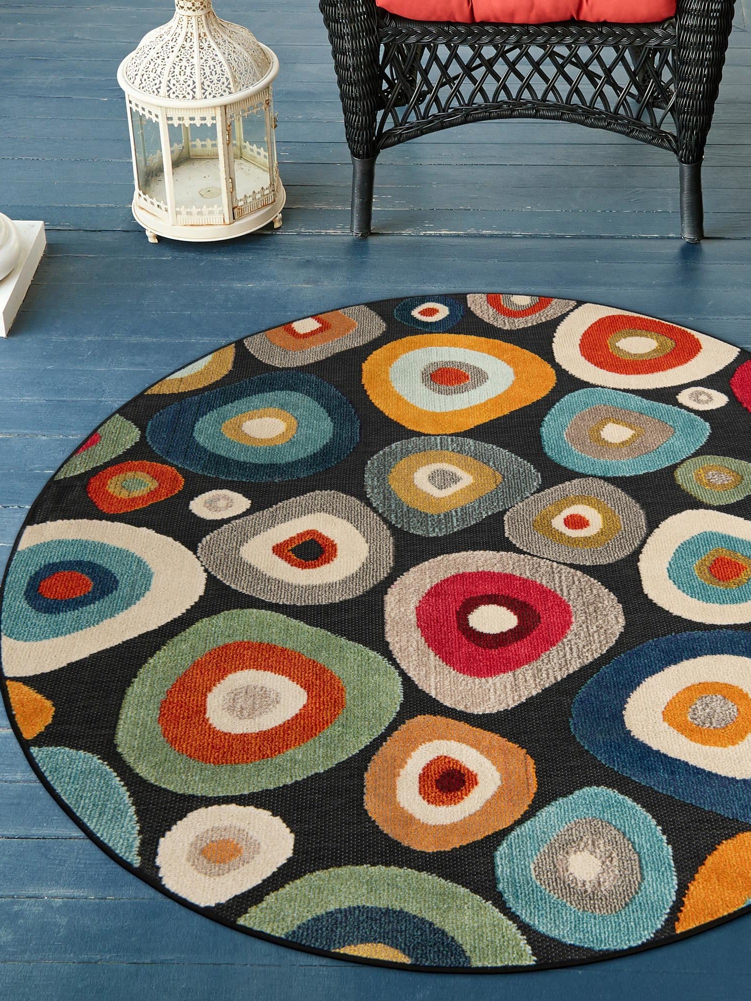 Multicolor Black 6' 1 x 6' 1 Outdoor Casablanca Round Area Rug Weather Resistant for Patio, Deck, Terrace, Balcony, Porch Polypropylene Vivid Colorful Modern Carpet for Sale at Rug Engine