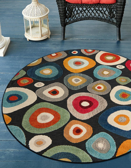 Multicolor Black 6' 1 x 6' 1 Outdoor Casablanca Round Area Rug Weather Resistant for Patio, Deck, Terrace, Balcony, Porch Polypropylene Vivid Colorful Modern Carpet for Sale at Rug Engine