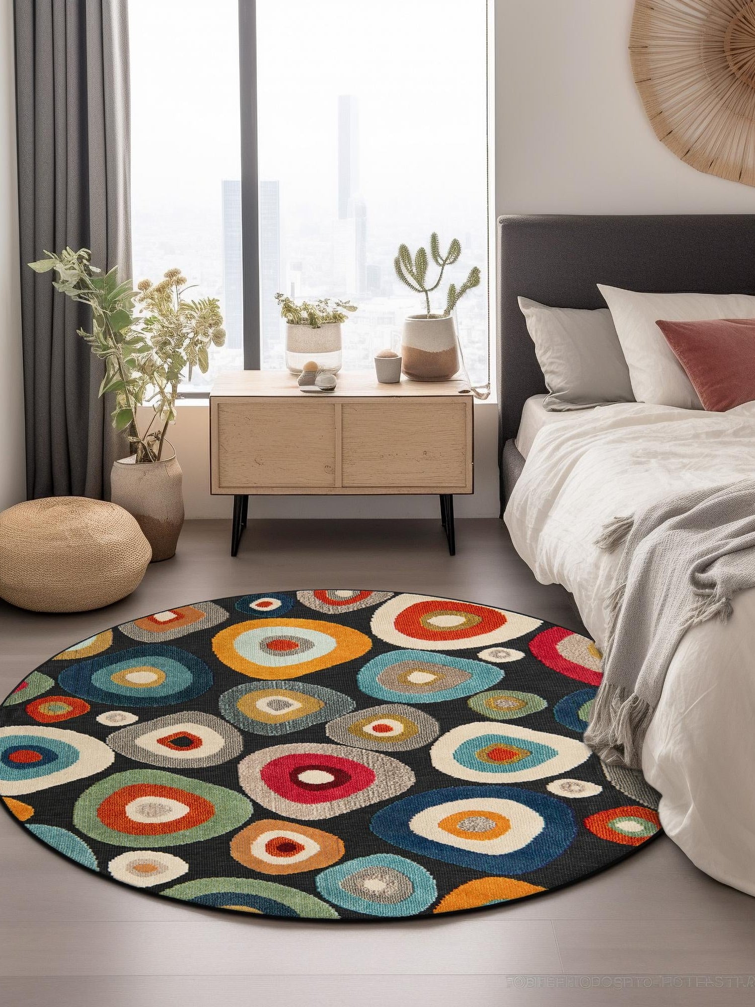Multicolor Black 6' 1 x 6' 1 Outdoor Casablanca Round Area Rug Weather Resistant for Patio, Deck, Terrace, Balcony, Porch Polypropylene Vivid Colorful Modern Carpet for Sale at Rug Engine