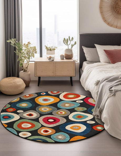 Multicolor Black 6' 1 x 6' 1 Outdoor Casablanca Round Area Rug Weather Resistant for Patio, Deck, Terrace, Balcony, Porch Polypropylene Vivid Colorful Modern Carpet for Sale at Rug Engine