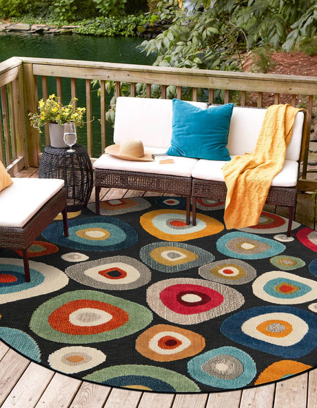 Multicolor Black 6' 1 x 6' 1 Outdoor Casablanca Round Area Rug Weather Resistant for Patio, Deck, Terrace, Balcony, Porch Polypropylene Vivid Colorful Modern Carpet for Sale at Rug Engine