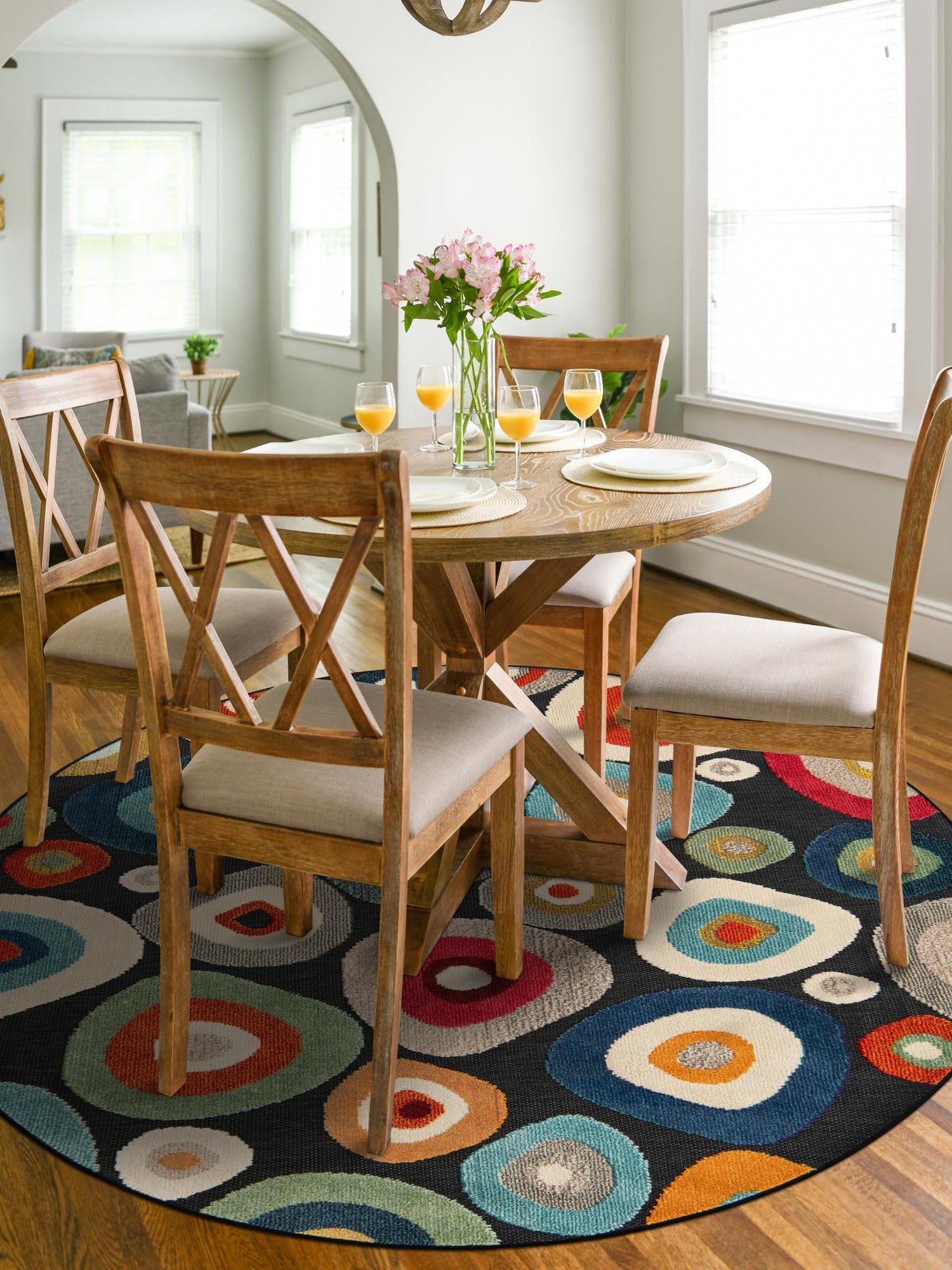 Multicolor Black 6' 1 x 6' 1 Outdoor Casablanca Round Area Rug Weather Resistant for Patio, Deck, Terrace, Balcony, Porch Polypropylene Vivid Colorful Modern Carpet for Sale at Rug Engine