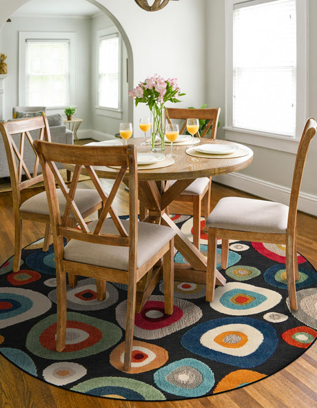 Multicolor Black 6' 1 x 6' 1 Outdoor Casablanca Round Area Rug Weather Resistant for Patio, Deck, Terrace, Balcony, Porch Polypropylene Vivid Colorful Modern Carpet for Sale at Rug Engine