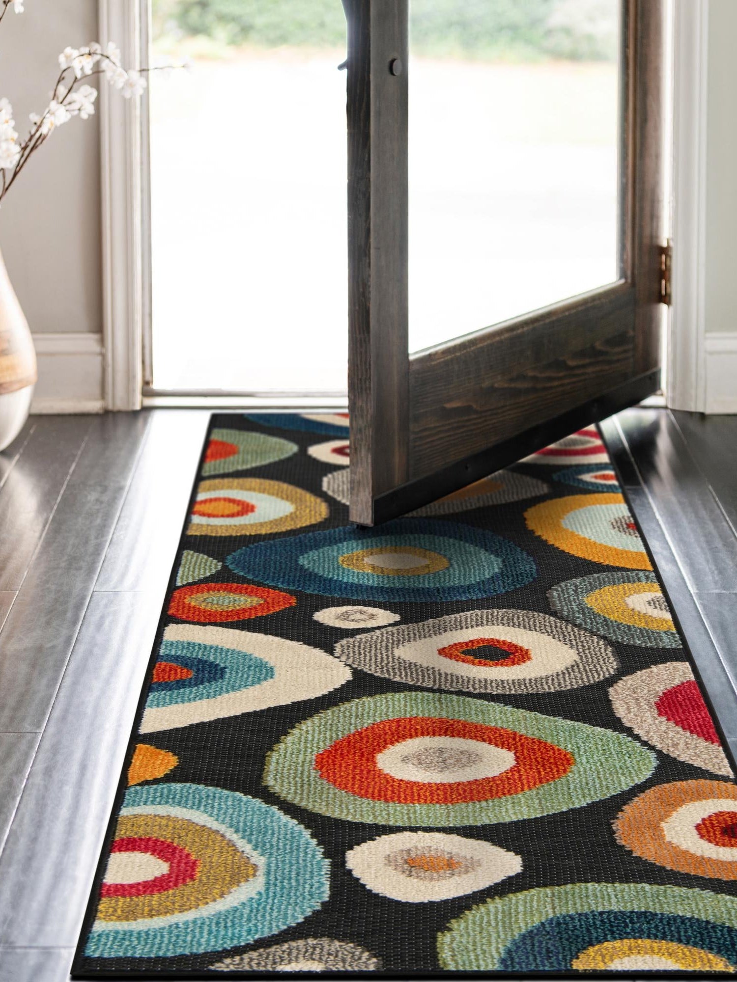 Multicolor Black 2' x 6' 1 Outdoor Casablanca Runner Area Rug Weather Resistant for Patio, Deck, Terrace, Balcony, Porch Polypropylene Vivid Colorful Modern Carpet for Sale at Rug Engine