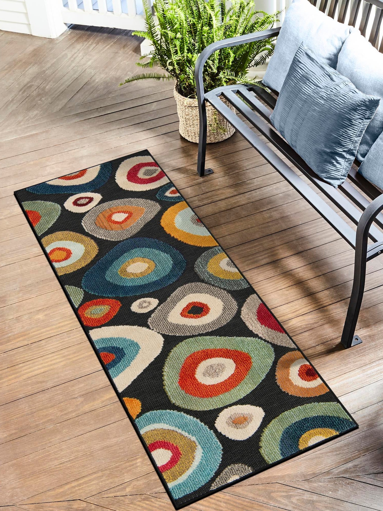 Multicolor Black 2' 7 x 12' Outdoor Casablanca Runner Area Rug Weather Resistant for Patio, Deck, Terrace, Balcony, Porch Polypropylene Vivid Colorful Modern Carpet for Sale at Rug Engine