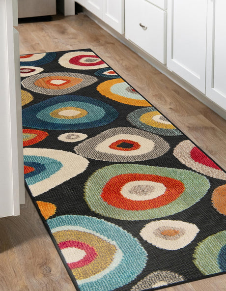 Multicolor Black 2' 7 x 12' Outdoor Casablanca Runner Area Rug Weather Resistant for Patio, Deck, Terrace, Balcony, Porch Polypropylene Vivid Colorful Modern Carpet for Sale at Rug Engine
