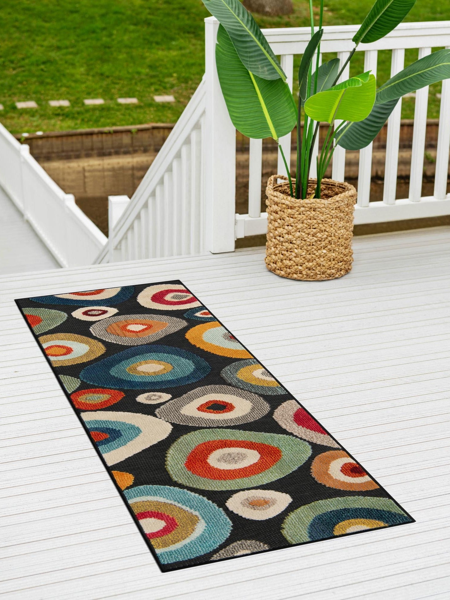 Multicolor Black 2' 7 x 10' Outdoor Casablanca Runner Area Rug Weather Resistant for Patio, Deck, Terrace, Balcony, Porch Polypropylene Vivid Colorful Modern Carpet for Sale at Rug Engine