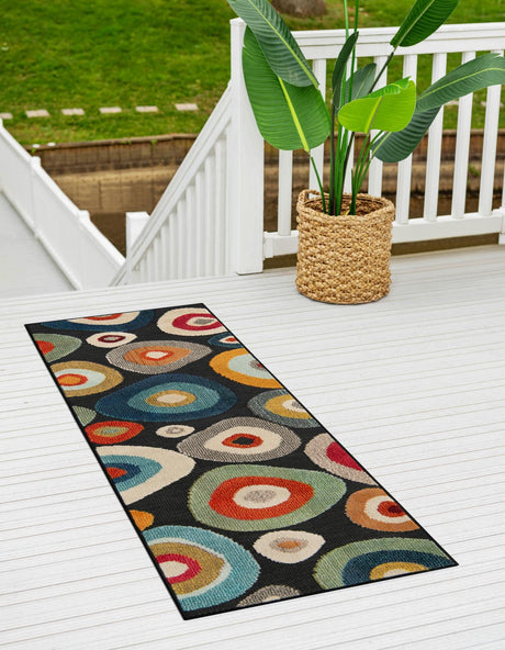 Multicolor Black 2' 7 x 12' Outdoor Casablanca Runner Area Rug Weather Resistant for Patio, Deck, Terrace, Balcony, Porch Polypropylene Vivid Colorful Modern Carpet for Sale at Rug Engine