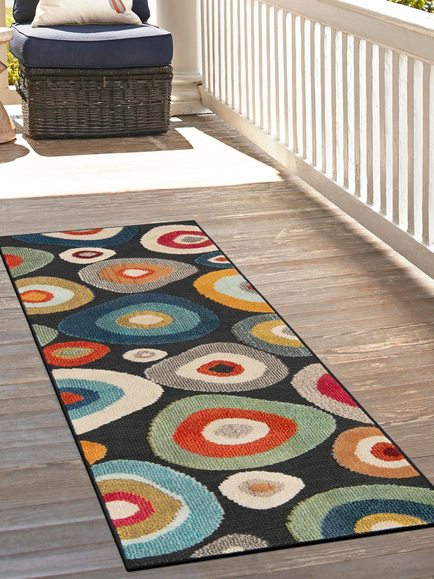 Multicolor Black 2' 7 x 10' Outdoor Casablanca Runner Area Rug Weather Resistant for Patio, Deck, Terrace, Balcony, Porch Polypropylene Vivid Colorful Modern Carpet for Sale at Rug Engine