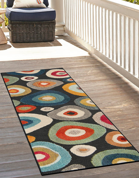Multicolor Black 2' 7 x 10' Outdoor Casablanca Runner Area Rug Weather Resistant for Patio, Deck, Terrace, Balcony, Porch Polypropylene Vivid Colorful Modern Carpet for Sale at Rug Engine
