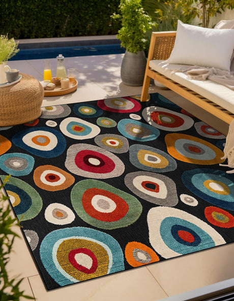Multicolor Black 10' x 10' Outdoor Casablanca Square Area Rug Weather Resistant for Patio, Deck, Terrace, Balcony, Porch Polypropylene Vivid Colorful Modern Carpet for Sale at Rug Engine