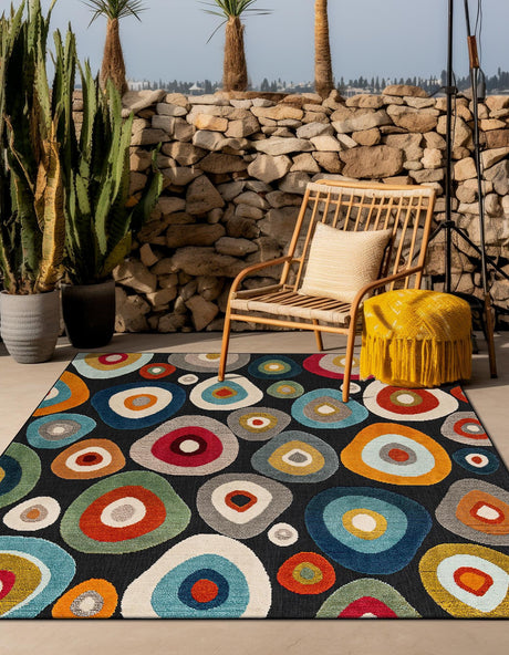 Multicolor Black 7' 10 x 7' 10 Outdoor Casablanca Square Area Rug Weather Resistant for Patio, Deck, Terrace, Balcony, Porch Polypropylene Vivid Colorful Modern Carpet for Sale at Rug Engine