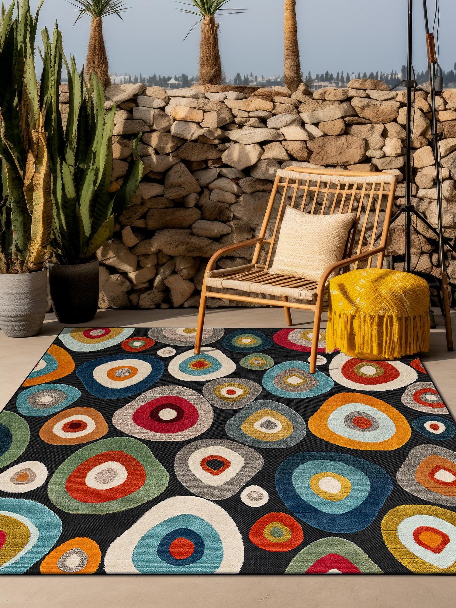 Multicolor Black 10' x 10' Outdoor Casablanca Square Area Rug Weather Resistant for Patio, Deck, Terrace, Balcony, Porch Polypropylene Vivid Colorful Modern Carpet for Sale at Rug Engine