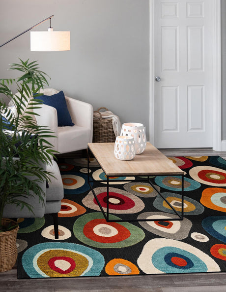Multicolor Black 7' 10 x 7' 10 Outdoor Casablanca Square Area Rug Weather Resistant for Patio, Deck, Terrace, Balcony, Porch Polypropylene Vivid Colorful Modern Carpet for Sale at Rug Engine