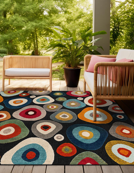 Multicolor Black 10' x 10' Outdoor Casablanca Square Area Rug Weather Resistant for Patio, Deck, Terrace, Balcony, Porch Polypropylene Vivid Colorful Modern Carpet for Sale at Rug Engine