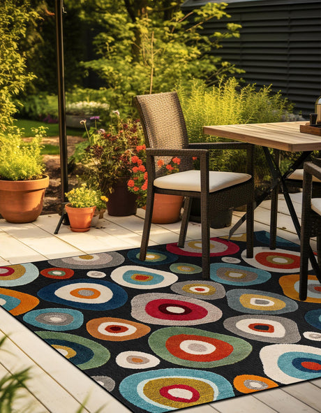 Multicolor Black 10' x 10' Outdoor Casablanca Square Area Rug Weather Resistant for Patio, Deck, Terrace, Balcony, Porch Polypropylene Vivid Colorful Modern Carpet for Sale at Rug Engine