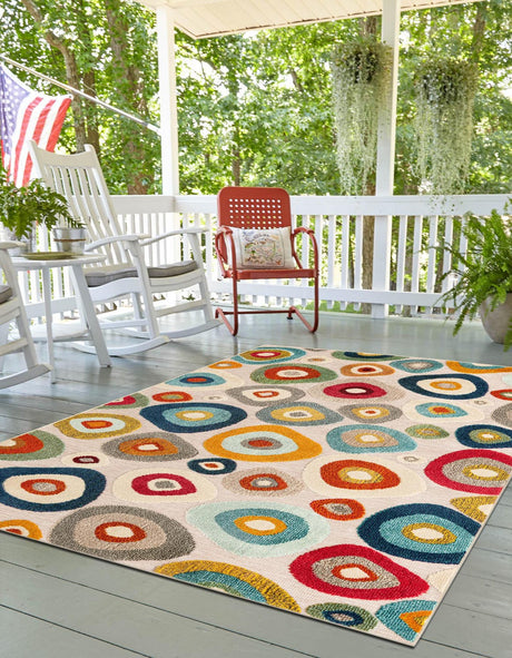 Multicolor Beige 4' 1 x 6' 1 Outdoor Casablanca Rectangle Area Rug Weather Resistant for Patio, Deck, Terrace, Balcony, Porch Polypropylene Vivid Colorful Modern Carpet for Sale at Rug Engine