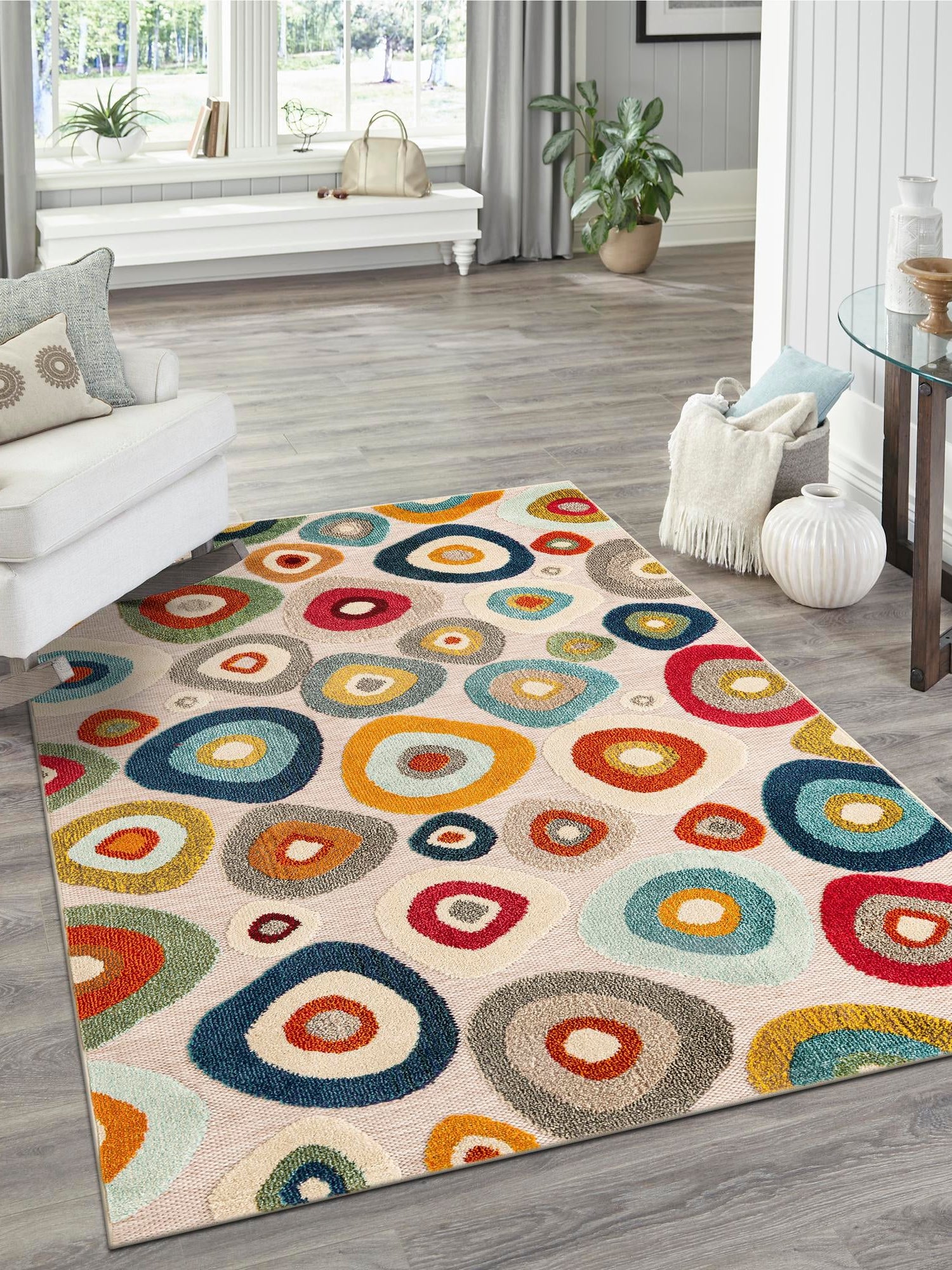 Multicolor Beige 5' 3 x 8' Outdoor Casablanca Rectangle Area Rug Weather Resistant for Patio, Deck, Terrace, Balcony, Porch Polypropylene Vivid Colorful Modern Carpet for Sale at Rug Engine