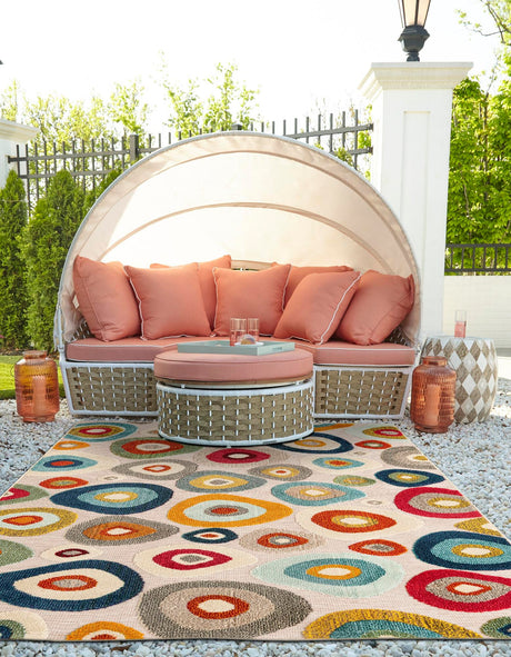 Multicolor Beige 5' 1 x 7' 1 Outdoor Casablanca Rectangle Area Rug Weather Resistant for Patio, Deck, Terrace, Balcony, Porch Polypropylene Vivid Colorful Modern Carpet for Sale at Rug Engine