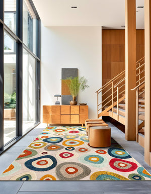 Multicolor Beige 5' 3 x 8' Outdoor Casablanca Rectangle Area Rug Weather Resistant for Patio, Deck, Terrace, Balcony, Porch Polypropylene Vivid Colorful Modern Carpet for Sale at Rug Engine