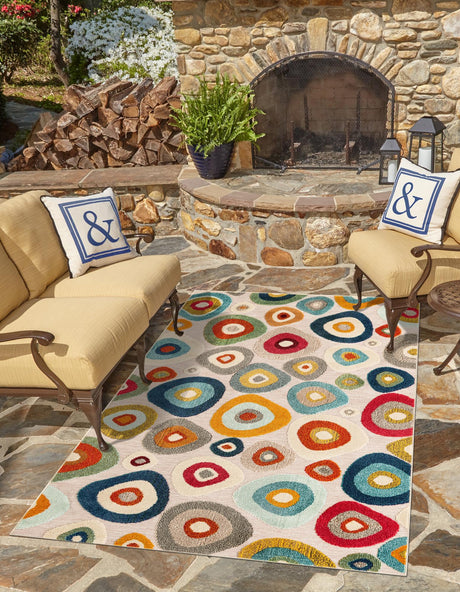 Multicolor Beige 4' 1 x 6' 1 Outdoor Casablanca Rectangle Area Rug Weather Resistant for Patio, Deck, Terrace, Balcony, Porch Polypropylene Vivid Colorful Modern Carpet for Sale at Rug Engine